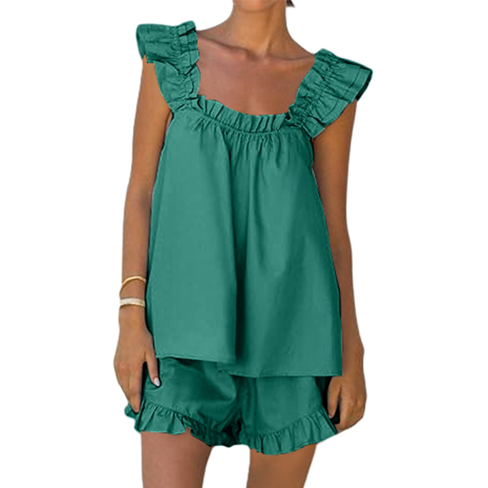 thumbnail image 2 of Conjunto de pijama de dos piezas para mujer: top corto sin mangas y pantalones cortos, poliéster, color liso, corte holgado, tallas S-XL, ropa de estar por casa para todas las estaciones, 2 of 8